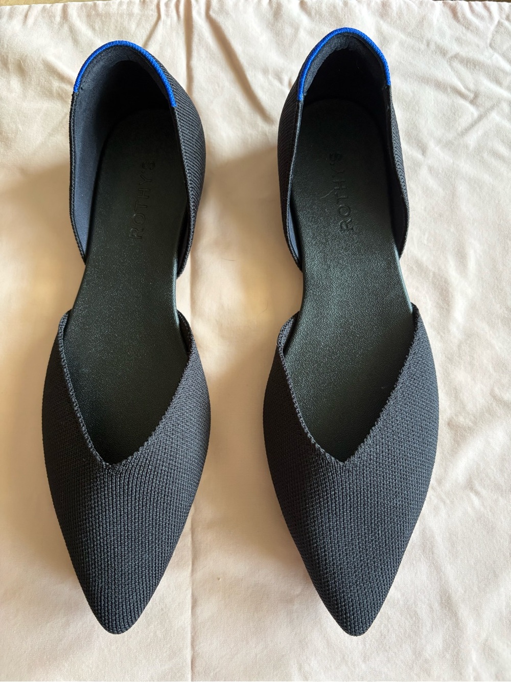 Rothy's Black Pointed D'Orsay Flats with Blue Trim